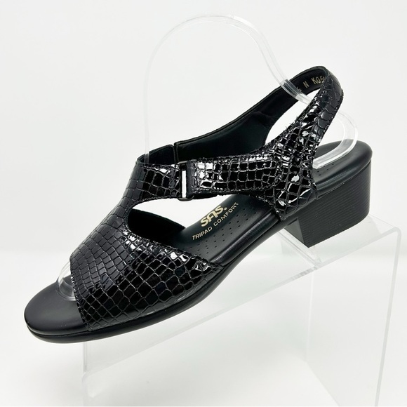 SAS Suntimer Tripad Comfort Black Croc Leather Heel Strap Sandals Size 9.5 N - Picture 1 of 13